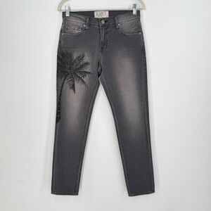Sandrine Rose Dark Grey Skinny Jeans Embroidered Palm Tree Flamingo Women’s 24